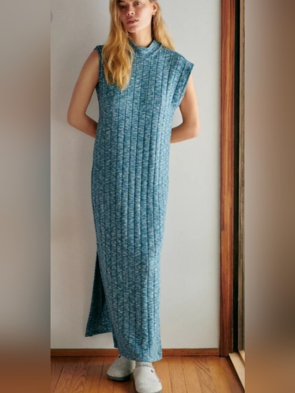 Sleeveless Teal Mockneck Ribbed Knit Maxi Dress with Side Slit Keyhole Back Med